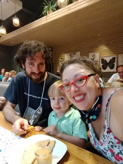 about the artist, here with her husband and son